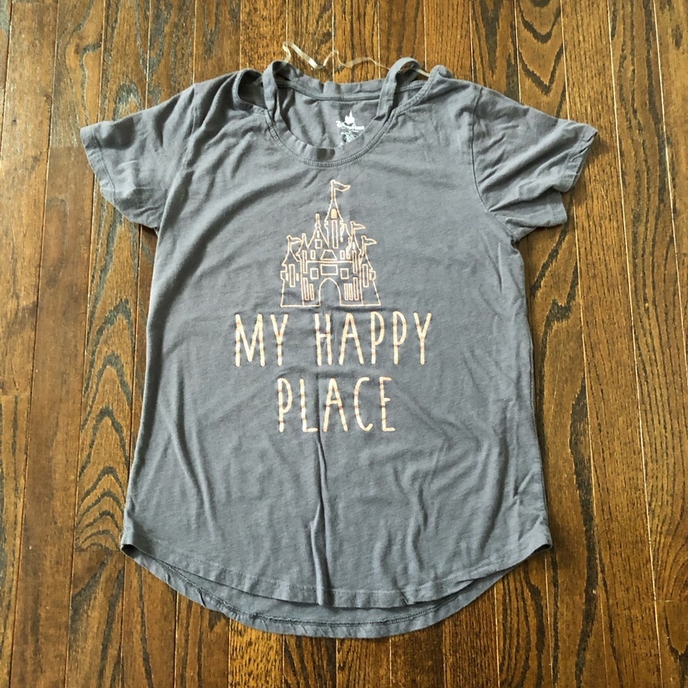 Disney Parks Women’s M Gray Short-Sleeved Tee w/Split Collar & Rose Gold Castle